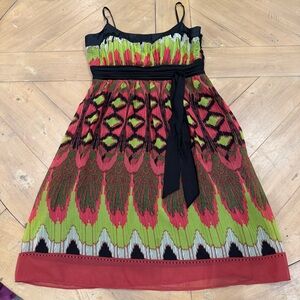 Y2K Sangria Multicolor Print Summer Dress with Black Sash 6P